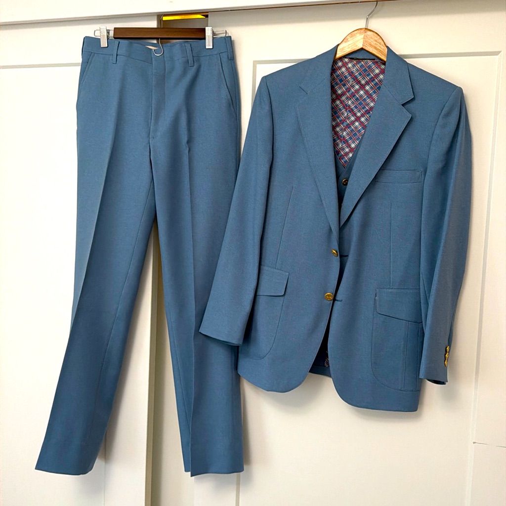 Vintage Johnny Carson Blue 3 Piece Suit Jacket Set Slacks Vest Size Vintage M